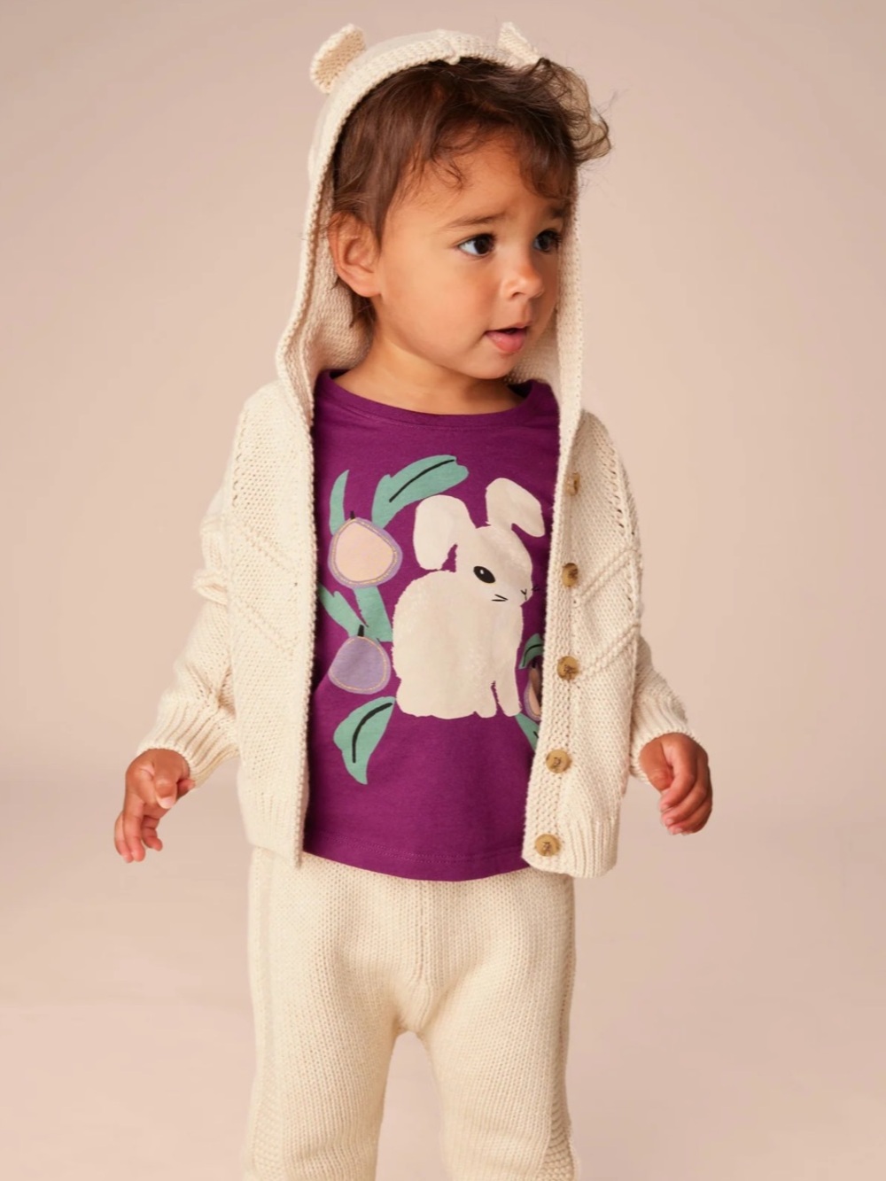 Tea Collection Cream Knit Hooded Cardigan with Ear Detail